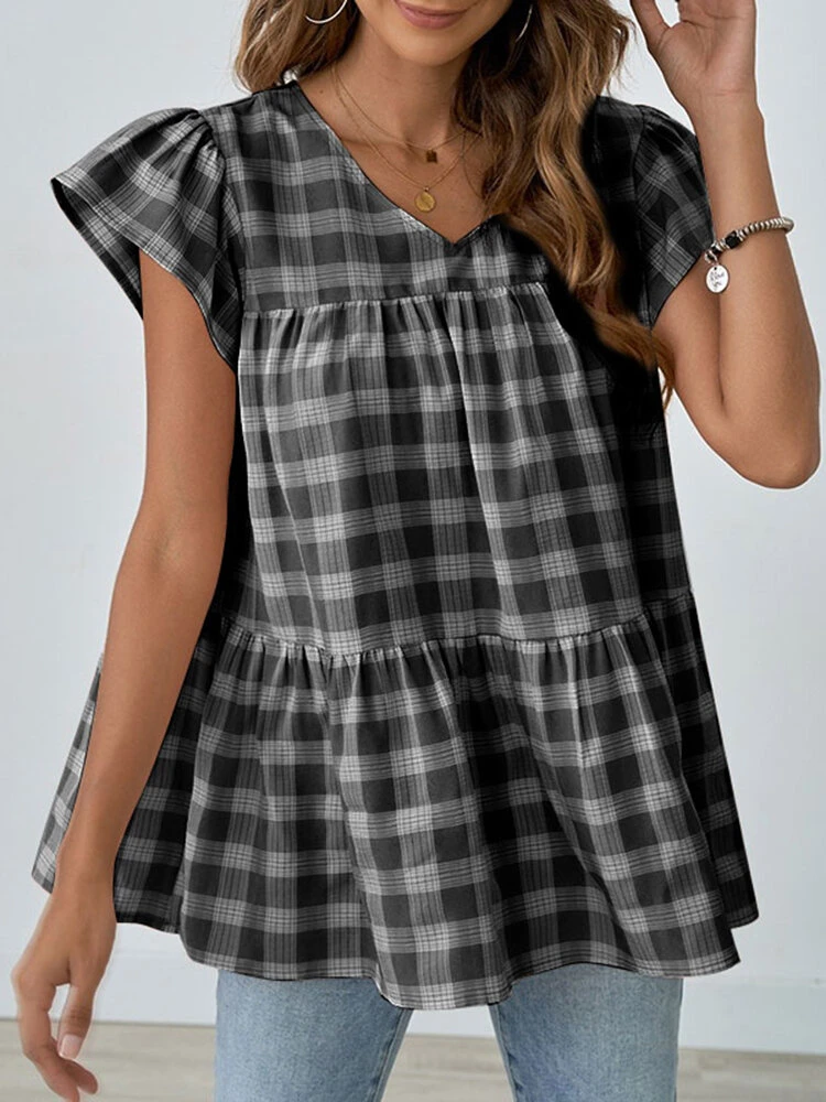 Women Check Print Ruffle Sleeve V-neck A-line Blouse 10 Women Check Print Ruffle Sleeve V-neck A-line Blouse - Image 10
