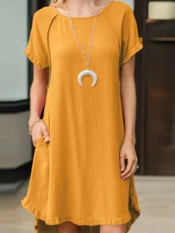 Women Solid Crew Neck Ruffle Trim Casual Short Sleeve Dress -Zanzea Shop 7f59f42e 7fa2 4211 91a6 b85692f60eca