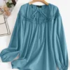 Solid Ruffle Trim Tie Front Long Sleeve Crew Neck Blouse