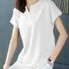 Solid Notch Neck Short Sleeve Casual T-shirt For Women