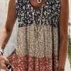 Women Ditsy Floral Print Color Block Patchwork Sleeveless Tank Top