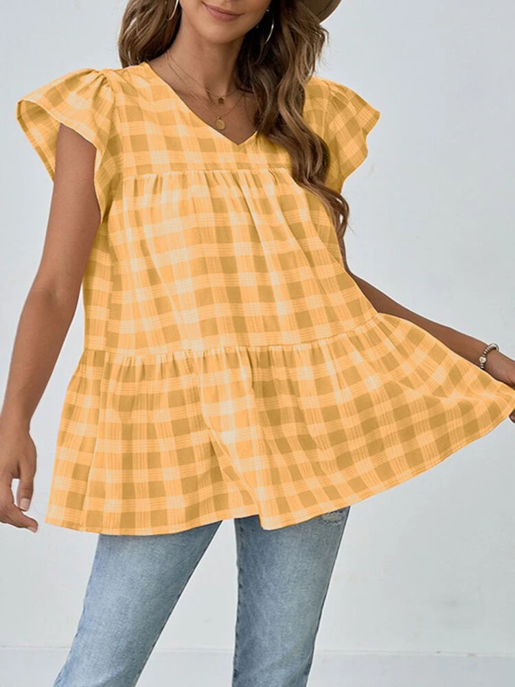 Women Check Print Ruffle Sleeve V-neck A-line Blouse 6 Women Check Print Ruffle Sleeve V-neck A-line Blouse - Image 6