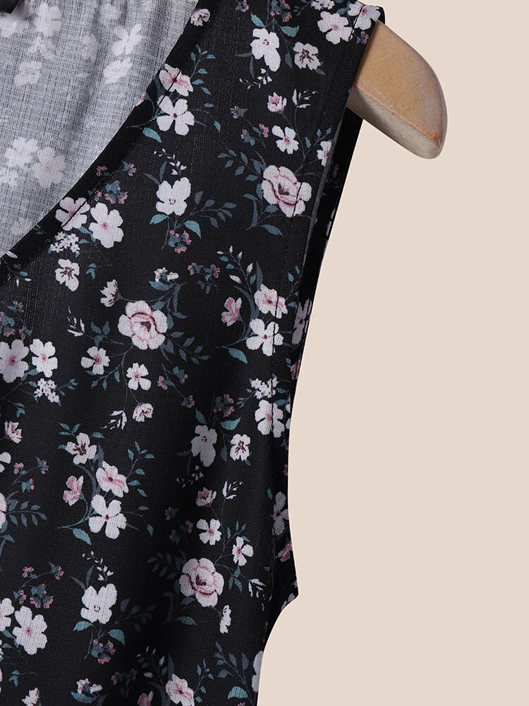 Women Ditsy Floral Print Color Block Patchwork Sleeveless Dress 3 Women Ditsy Floral Print Color Block Patchwork Sleeveless Dress - Image 3