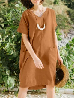 Solid Short Sleeve Pocket V-neck Dress For Women -Zanzea Shop 7fb287ef 17ba 4c13 b3ed 5d9c102fe714