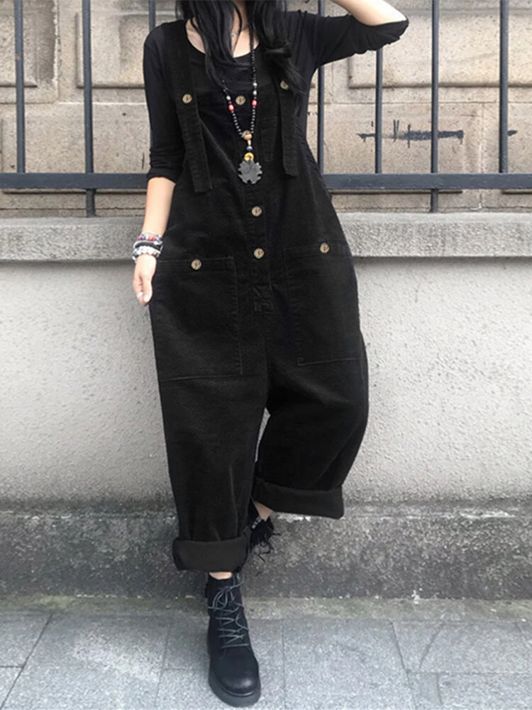 Solid Color Button Pocket Sleeveless Casual Corduroy Jumpsuit For Women 2 Solid Color Button Pocket Sleeveless Casual Corduroy Jumpsuit For Women - Image 2