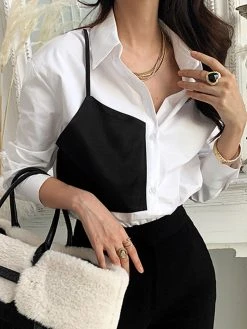 Contrast Panel Button Front Long Sleeve Lapel Shirt -Zanzea Shop 7fedab87 6bbb 4ded 89fc 879ed55484cc