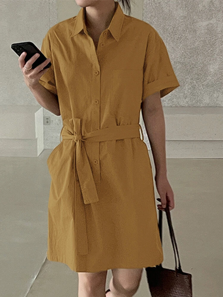 Solid Button Front Pocket Cargo Shirt Dress With Belt 12 Solid Button Front Pocket Cargo Shirt Dress With Belt - Image 12
