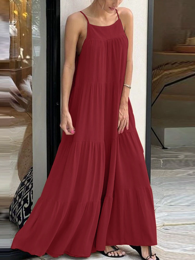 Women Solid Tiered Casual Spaghetti Strap Maxi Dress 2 Women Solid Tiered Casual Spaghetti Strap Maxi Dress - Image 2