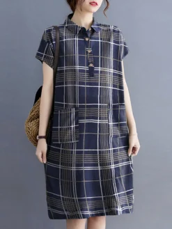 Cottagecore Letter Plaid Print Pocket Button Cotton Lapel Midi Dress -Zanzea Shop 807588d5 4c72 472c 849d e988bf46a7f4