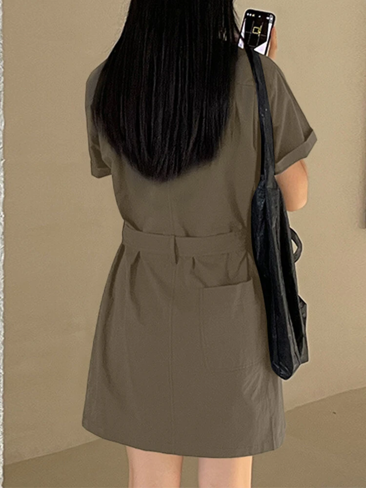 Solid Button Front Pocket Cargo Shirt Dress With Belt 5 Solid Button Front Pocket Cargo Shirt Dress With Belt - Image 5