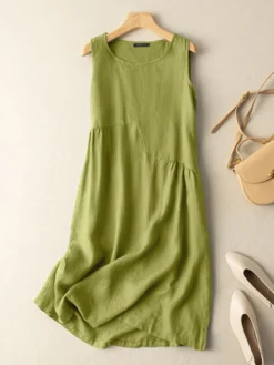 Solid Sleeveless Crew Neck Dress For Women