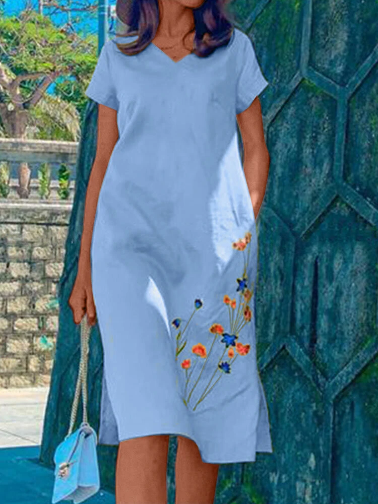 Women Floral Embroidered V-Neck Side Split Cotton Dress 2 Women Floral Embroidered V-Neck Side Split Cotton Dress - Image 2