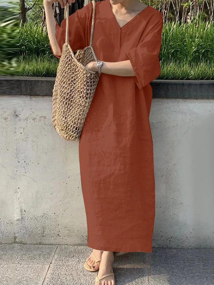 Solid V-neck Loose 3/4 Sleeve Vintage Dress 3 Solid V-neck Loose 3/4 Sleeve Vintage Dress - Image 3