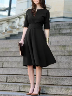 Solid Tie Back Half Sleeve Notch Neck Casual Dress -Zanzea Shop 81552708 c19f 4262 9675 9b8752acd7da