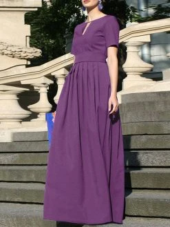 Solid Pleated Notch Neck Short Sleeve Maxi Dress With Belt -Zanzea Shop 815fba98 b620 4aae 925c 254fb8c76971