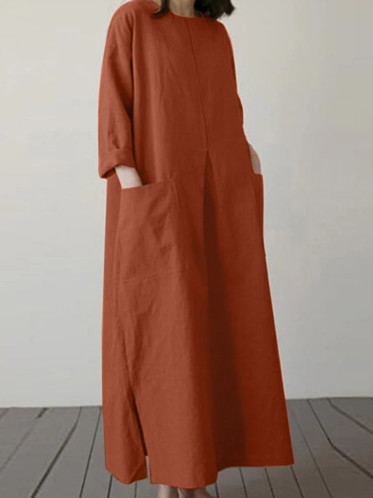 Solid Dual Pocket Slit Hem Crew Neck Vintage Dress 12 Solid Dual Pocket Slit Hem Crew Neck Vintage Dress - Image 12