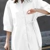 Solid Button Front Tie Lapel 3/4 Sleeve Loose Blouse