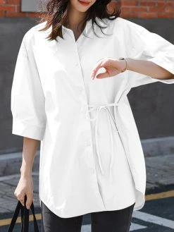 Solid Button Front Tie Lapel 3/4 Sleeve Loose Blouse