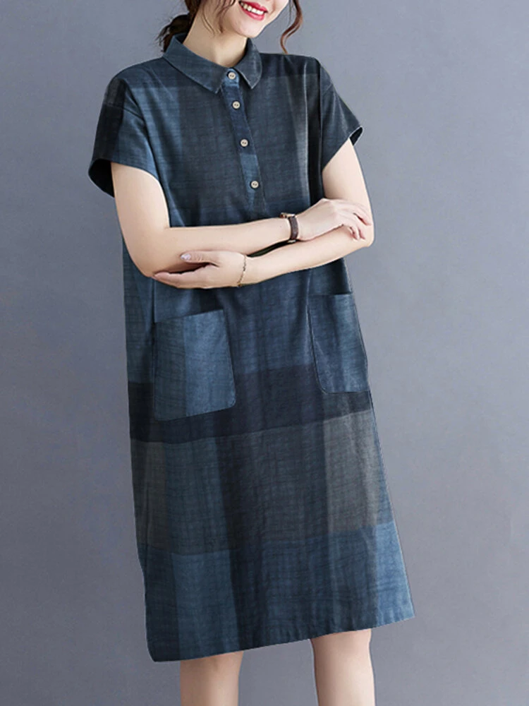 Check Pattern Short Sleeve Pocket Button Lapel Dress 3 Check Pattern Short Sleeve Pocket Button Lapel Dress - Image 3