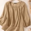 Women Solid Square Collar Cotton Casual 3/4 Sleeve Blouse