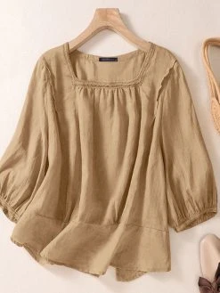 Women Solid Square Collar Cotton Casual 3/4 Sleeve Blouse