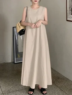 Solid Sleeveless Pocket Swing Crew Neck Cotton Maxi Dress