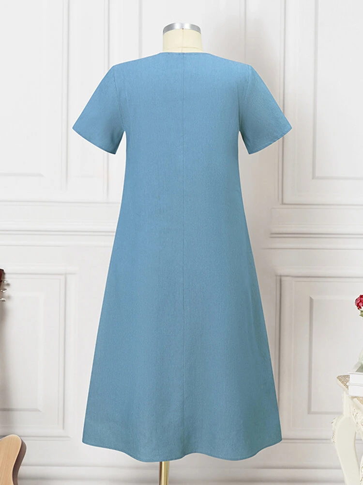 Women Solid Button Front Short Sleeve Denim Shirt Dress 4 Women Solid Button Front Short Sleeve Denim Shirt Dress - Image 4