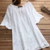 Bandage Hollow Embroidery Laced Half Sleeve Vintage Blouses