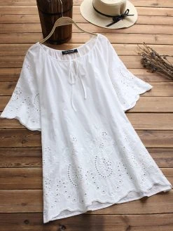 Bandage Hollow Embroidery Laced Half Sleeve Vintage Blouses