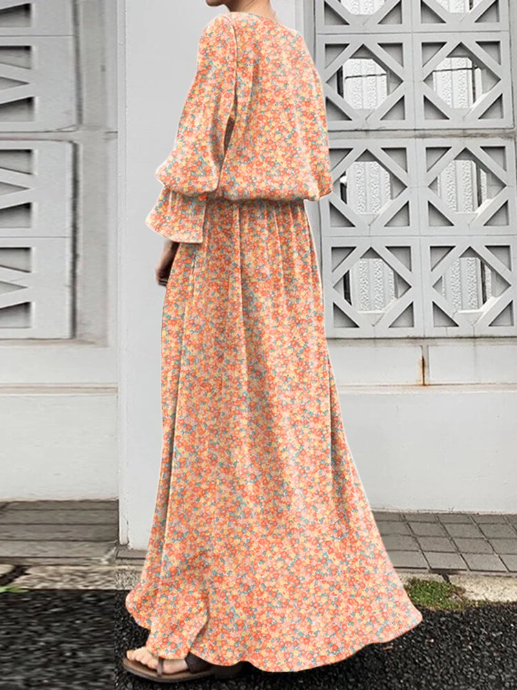 Floral Print Long Bell Sleeve Crew Neck Slit Maxi Dress 5 Floral Print Long Bell Sleeve Crew Neck Slit Maxi Dress - Image 5