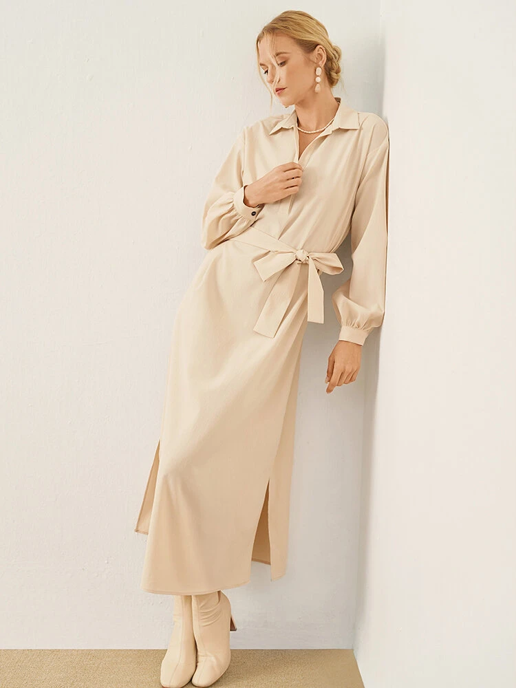 Solid Long Sleeve Button Lapel Shirt Dress With Belt 6 Solid Long Sleeve Button Lapel Shirt Dress With Belt - Image 6