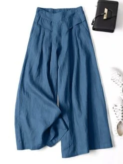 Women Plain Casual Cotton Wide Leg Pants With Pocket