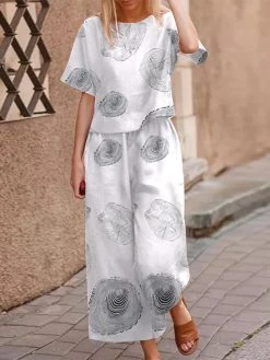 Women Print Short Sleeve Wide Leg Two Pieces Suit