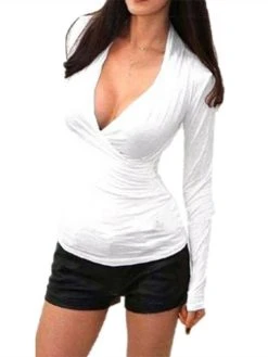 Women Stretchy Long Sleeve Deep V Neck Front Cross Pure Color T-shirt -Zanzea Shop 833c9786 6b18 4500 96df f6e6c89bfe71