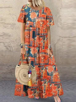 Allover Floral Color Block Letters Print Crew Neck Short Sleeve Dress