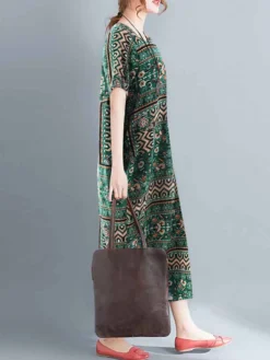 Vintage Allover Tribal Pattern Slit Hem Short Sleeve Dress -Zanzea Shop 8362e64b dfa9 4d09 b817 99e52747b06d