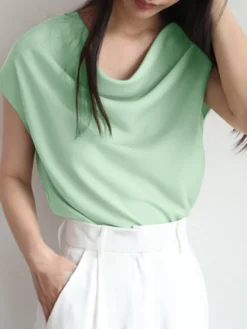 Cowl Neck Solid Satin Short Sleeve Blouse For Women -Zanzea Shop 839b1782 7b6d 444b 853b ab46fcb099c9