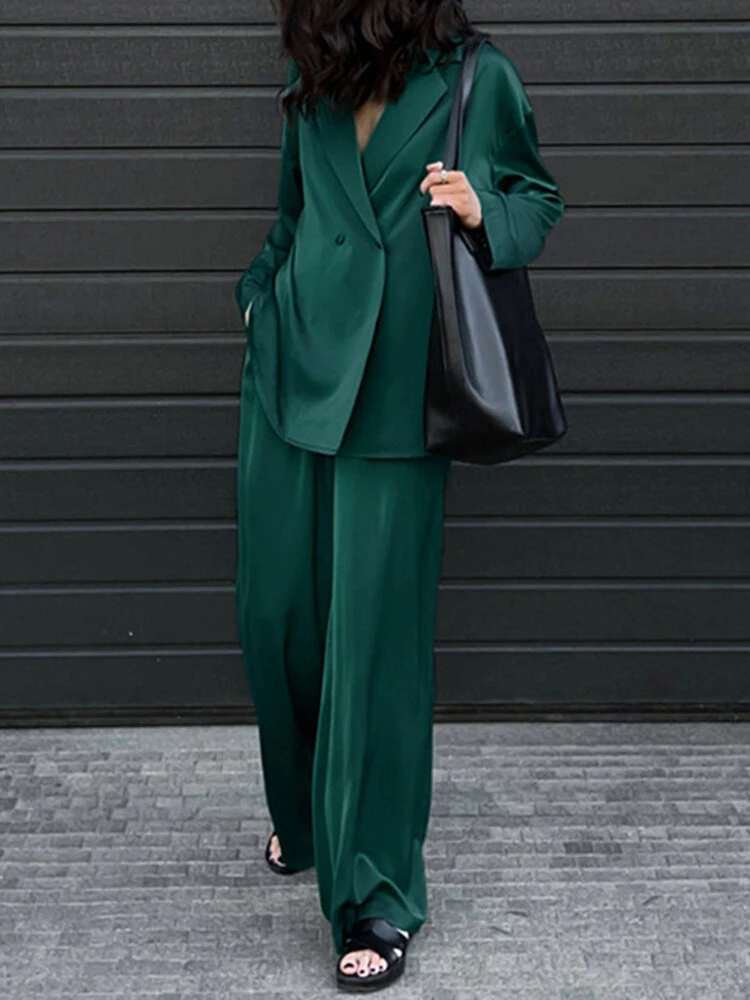 Solid Satin Long Sleeve Pocket Wide Leg Two Pieces Suit 5 Solid Satin Long Sleeve Pocket Wide Leg Two Pieces Suit - Image 5