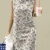 Women Allover Ditsy Floral Print Crew Neck Sleeveless Dress