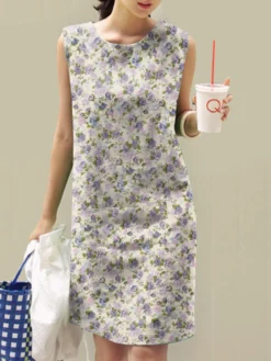 Women Allover Ditsy Floral Print Crew Neck Sleeveless Dress