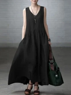 Solid V-neck A-line Sleeveless Pocket Vintage Dress -Zanzea Shop 83c552e2 0a8d 422e 9bcb 9ad1c17e556a