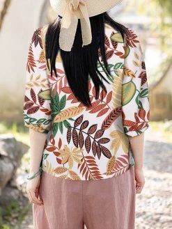 Women Plant Leaf Print V-Neck Half Button Vacation Blouse -Zanzea Shop 83d73256 e49c 4de1 8485 b5b02770b2f9