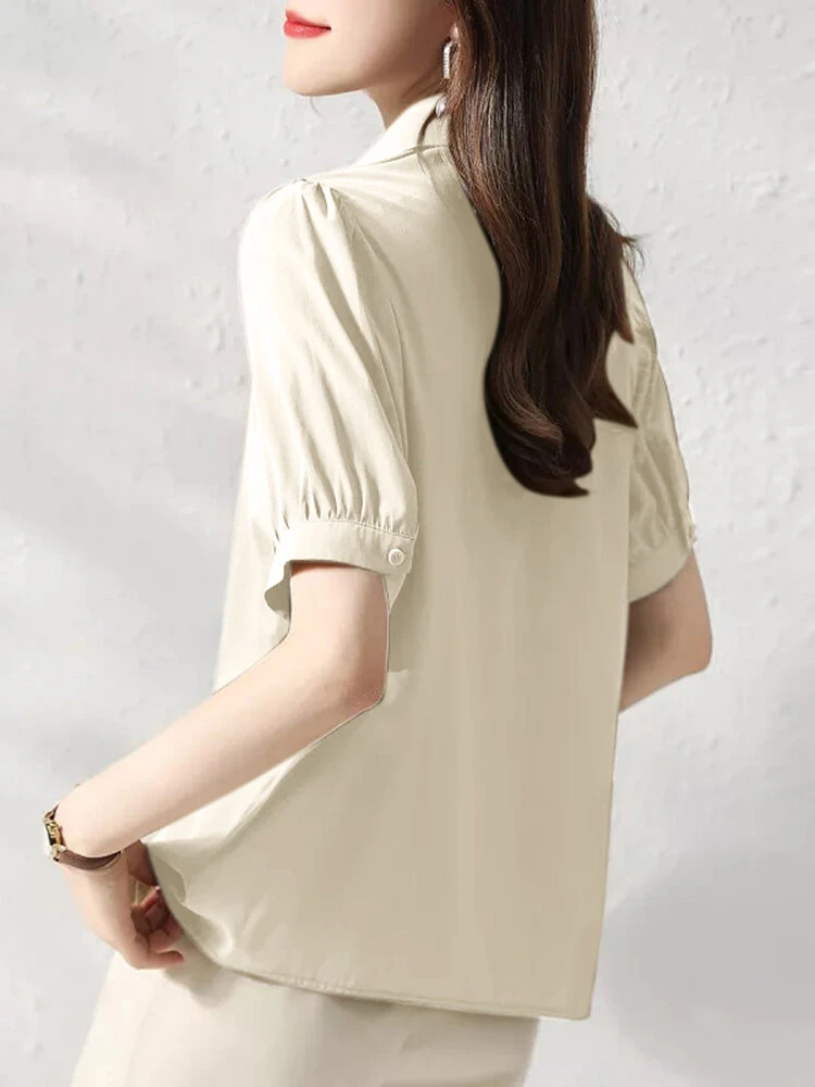 Women Solid Puff Sleeve Button Front Lapel Shirt 2 Women Solid Puff Sleeve Button Front Lapel Shirt - Image 2