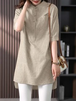 Striped Pattern Half Sleeve High-low Pocket Button Blouse