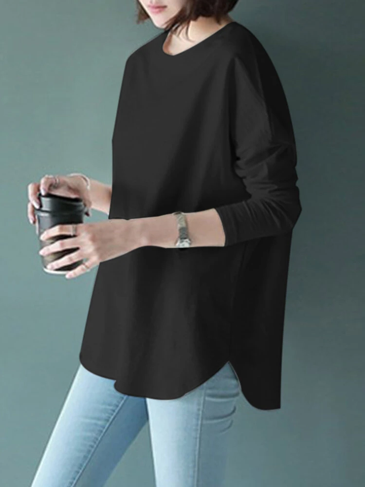 Solid Curved Hem Loose Long Sleeve Crew Neck T-shirt 2 Solid Curved Hem Loose Long Sleeve Crew Neck T-shirt - Image 2
