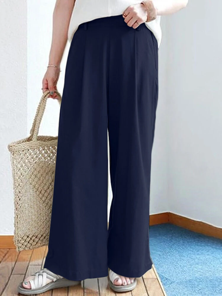 Solid Elastic Waist Back Pocket Wide Leg Casual Pants 3 Solid Elastic Waist Back Pocket Wide Leg Casual Pants - Image 3
