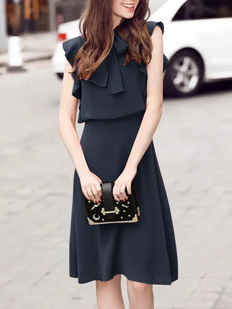 Solid Ruffle Sleeve Tie Neck Invisible Zip Back Dress 8 Solid Ruffle Sleeve Tie Neck Invisible Zip Back Dress - Image 8