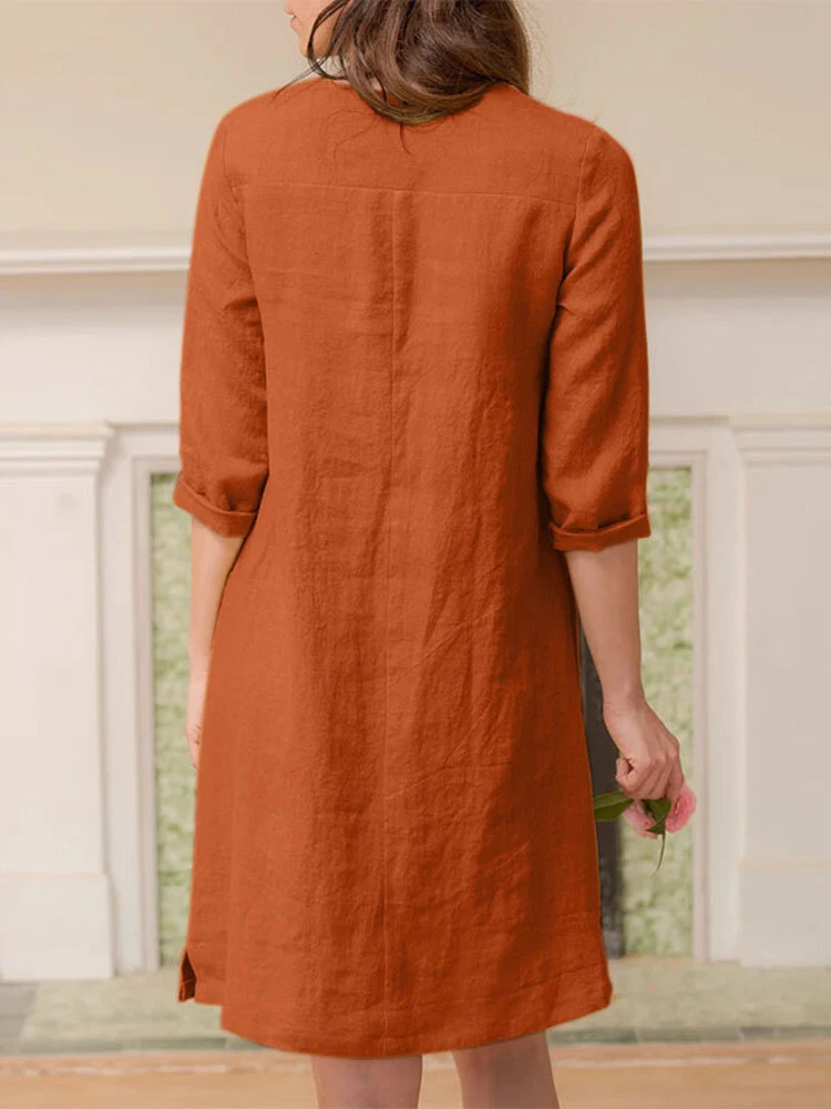 Solid Dual Pocket Slit Hem V-neck 3/4 Sleeve Vintage Dress 8 Solid Dual Pocket Slit Hem V-neck 3/4 Sleeve Vintage Dress - Image 8