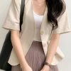 Solid Button Front Pocket Short Sleeve Lapel Blazer