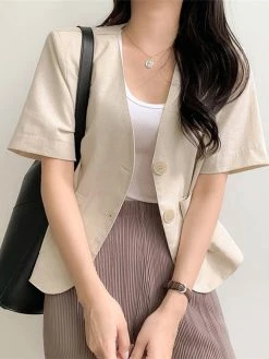 Solid Button Front Pocket Short Sleeve Lapel Blazer